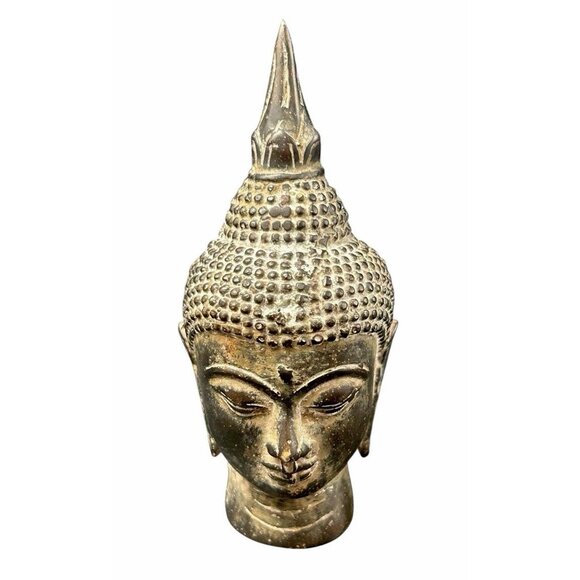 Thai Buddha Head Antique 4.25" Statue Figurine Bronze - Picture 1 of 10